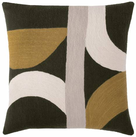 Judy Ross Textiles Hand-Embroidered Chain Stitch Eclipse Throw Pillow olive drab/cream/curry/oyster